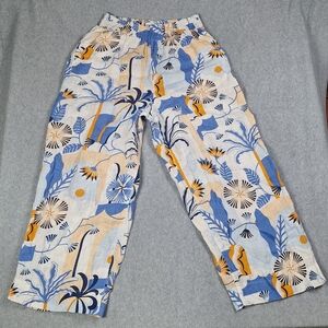 Nicole Miller 100% Linen Tropical Print Wide-Leg Pants